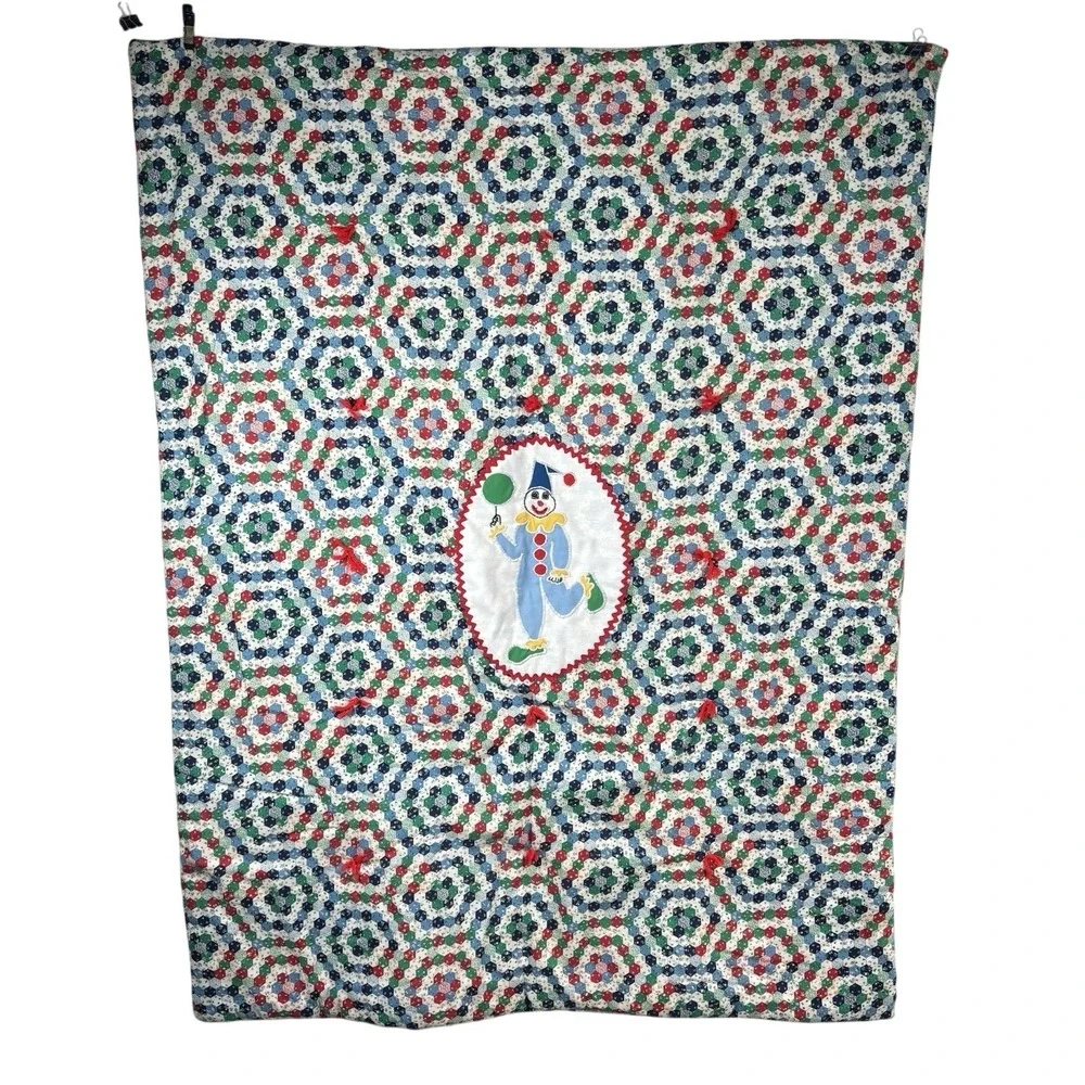 VTG Handmade Clown Balloons Primary Colors Baby Crib‎ Comforter Tapestry Circus